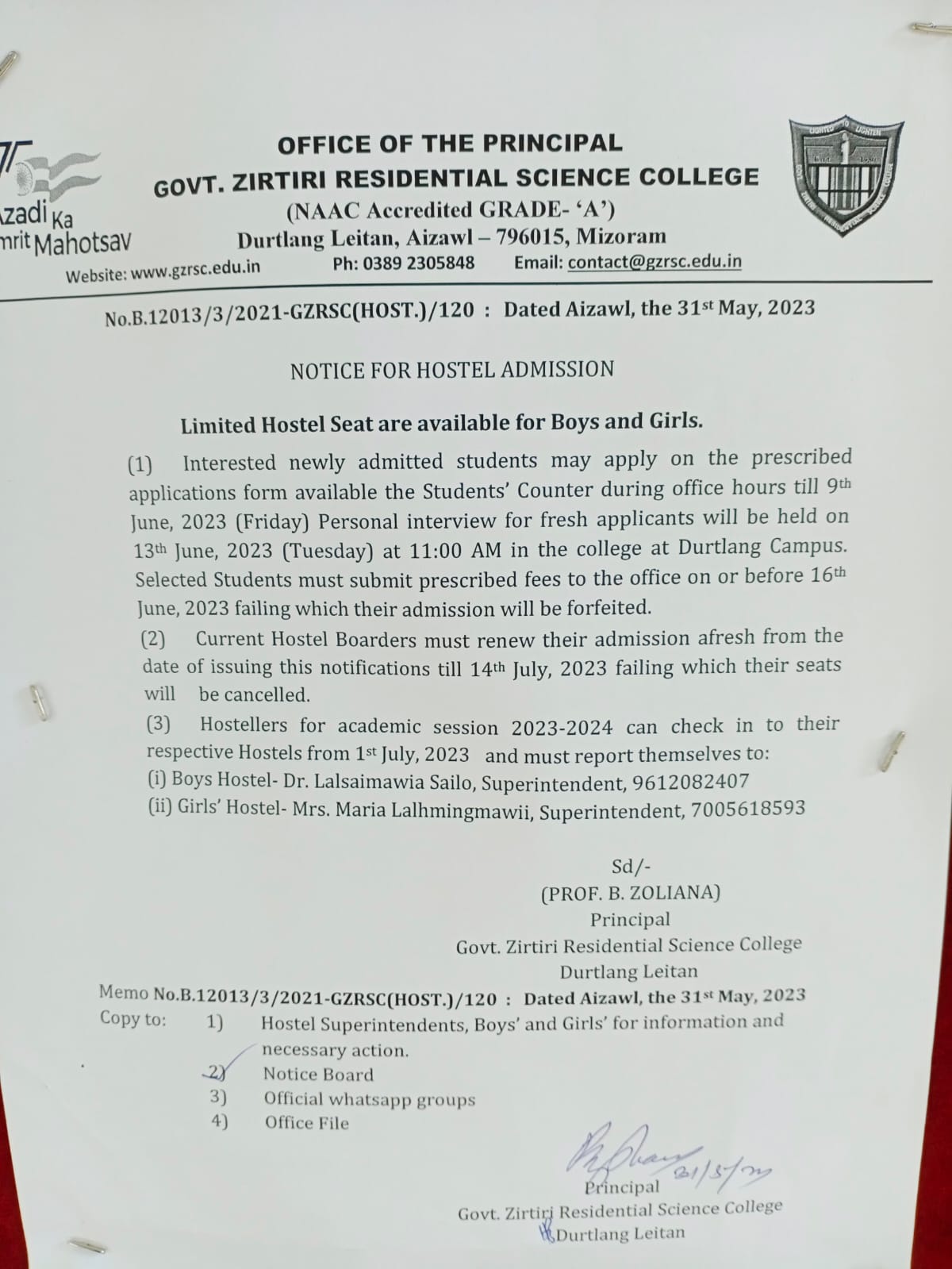 notice for hostel admission